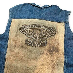 vintage biker punk harley davidson jean vest with leather print on the back